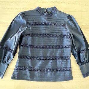 Halogen Navy Blue Puff Long Sleeve Size Medium Petite Blouse